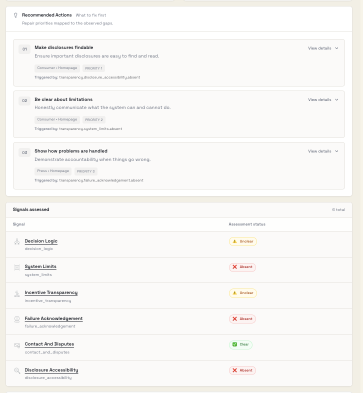 Transparency priority actions example output