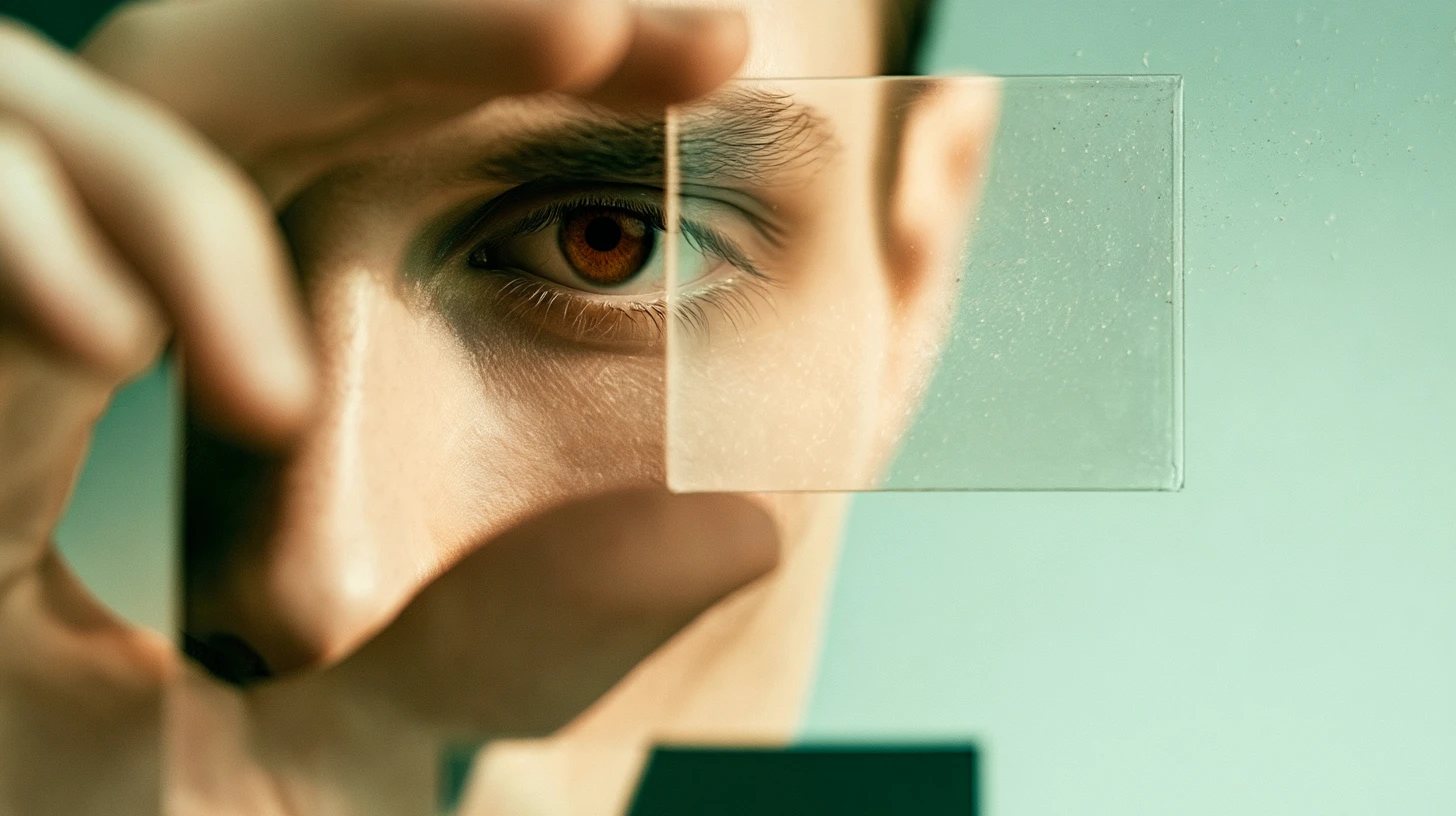 A person holding a small pane of glass in front of one eye, looking through it.